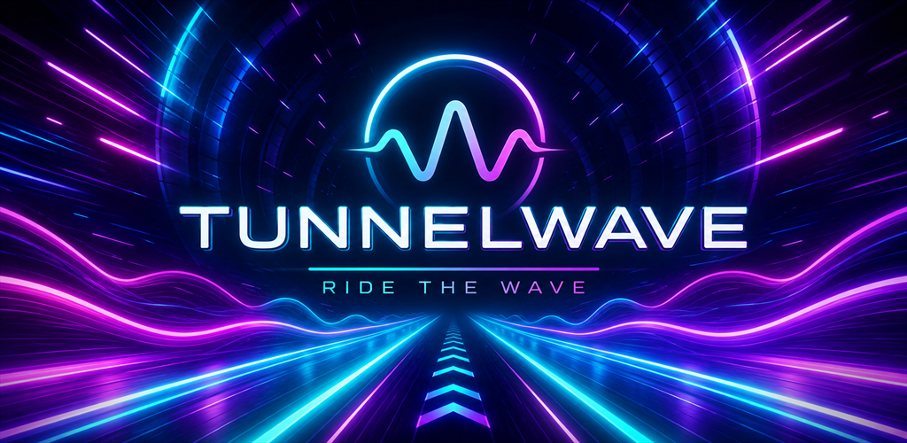 Tunnelwave title inside a neon tunnel